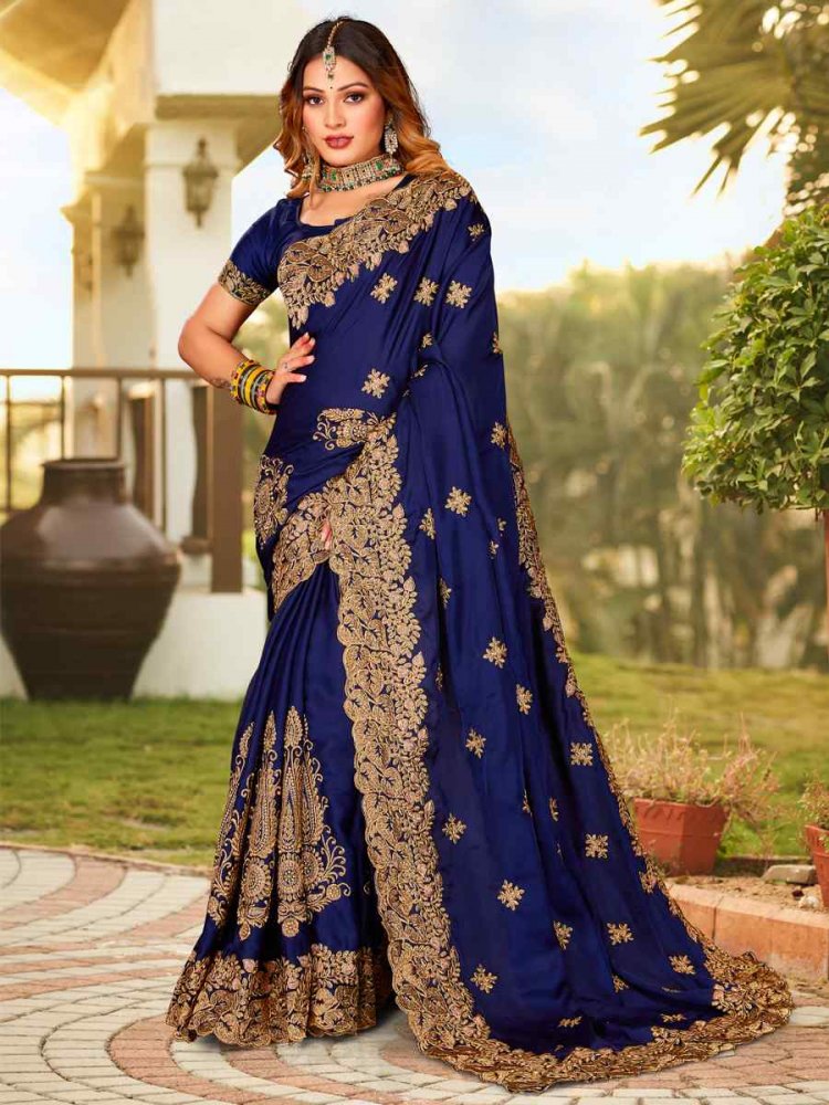 Navy Blue Pure Satin Embroidered Wedding Festival Heavy Border Saree