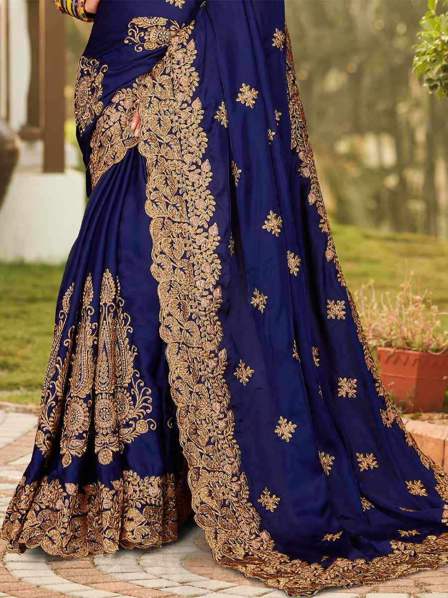 Navy Blue Pure Satin Embroidered Wedding Festival Heavy Border Saree