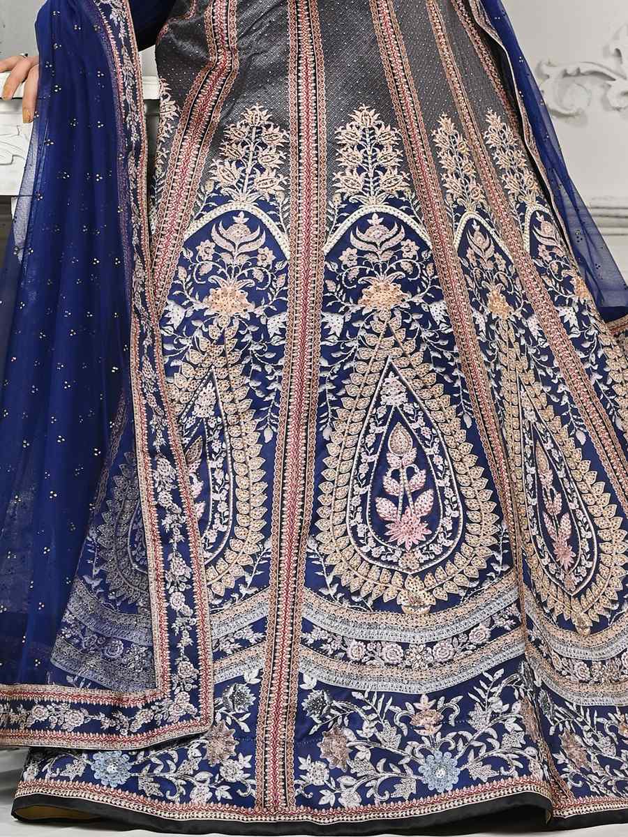 Navy Blue Pure Satin Silk Embroidered Mehendi Festival Circular Lehenga Choli