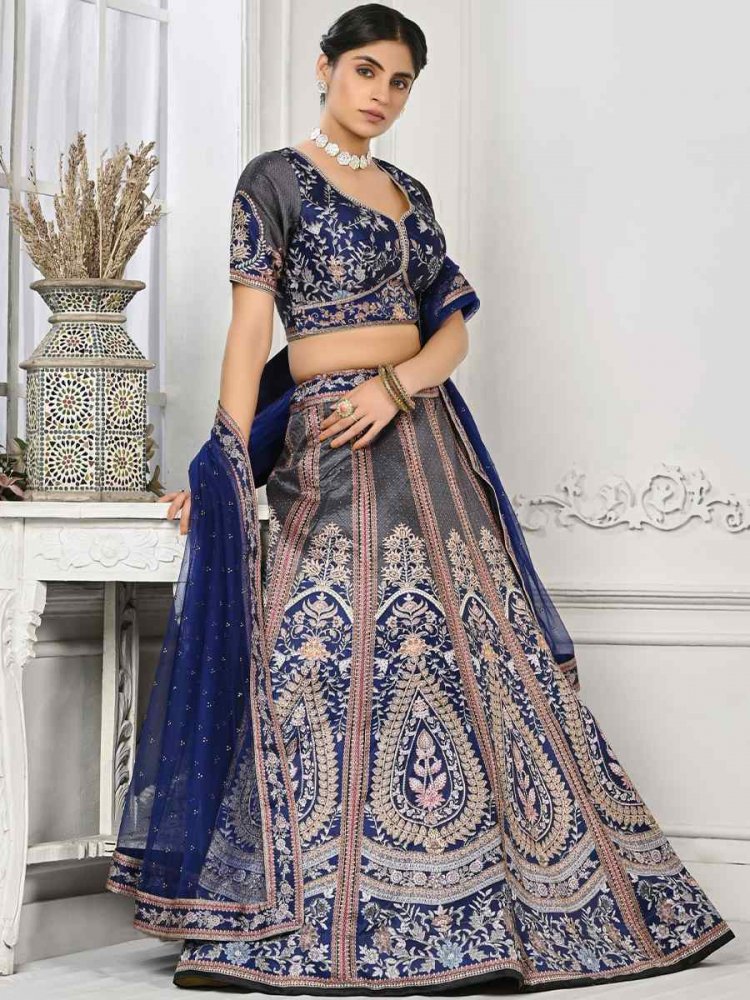 Navy Blue Pure Satin Silk Embroidered Mehendi Festival Circular Lehenga Choli