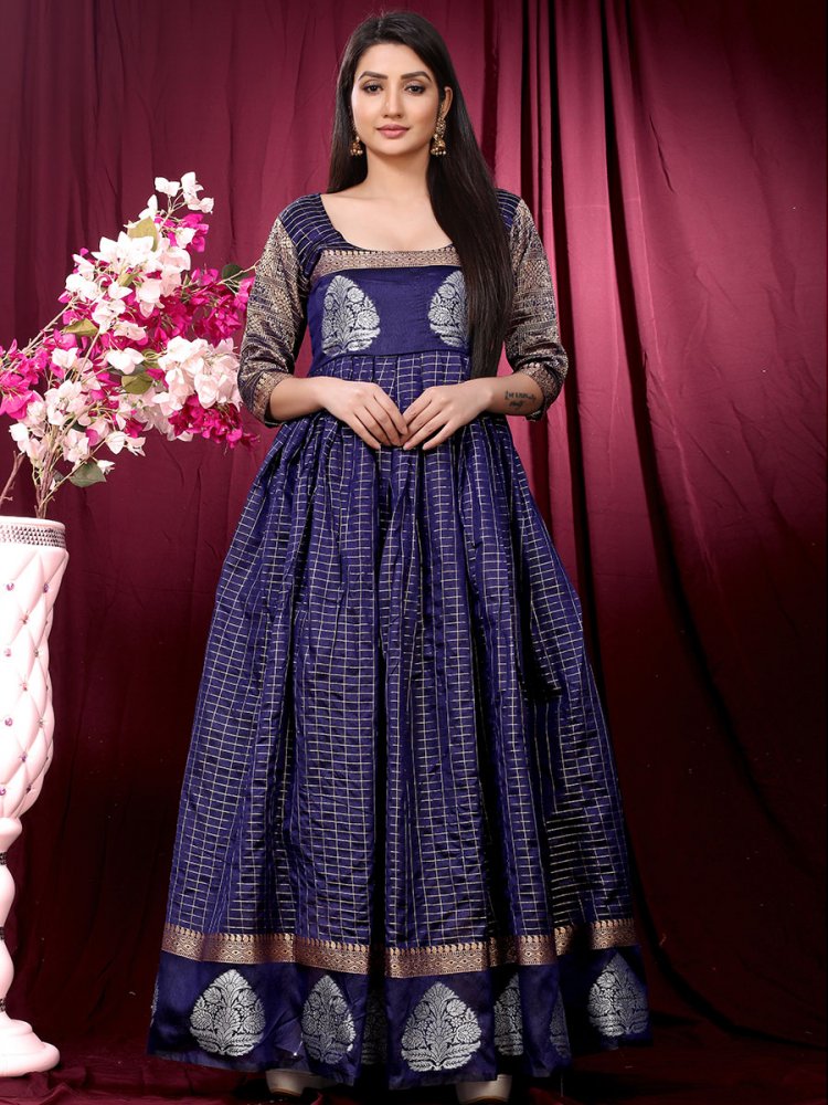 Navy Blue Pure Silk Handwoven Festival Gown