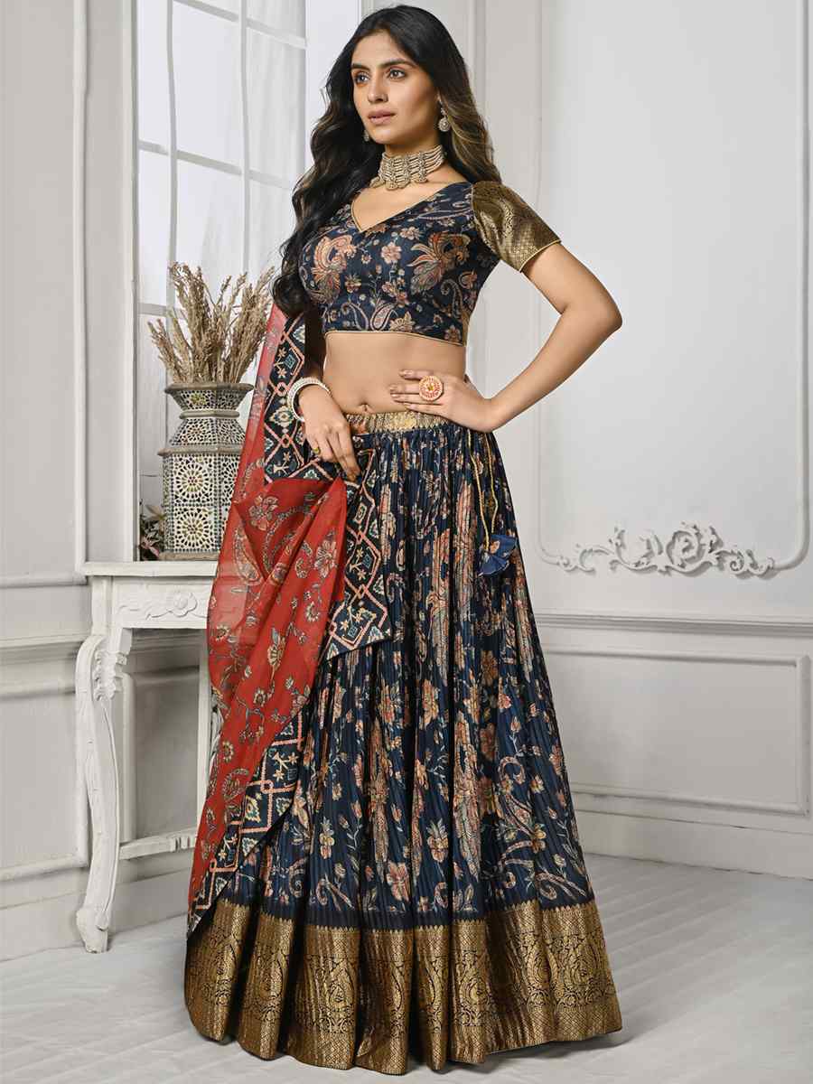 Navy Blue Pure Silk Printed Mehendi Festival Circular Lehenga Choli