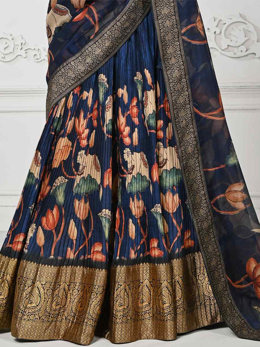 Navy Blue Pure Silk Printed Mehendi Festival Circular Lehenga Choli