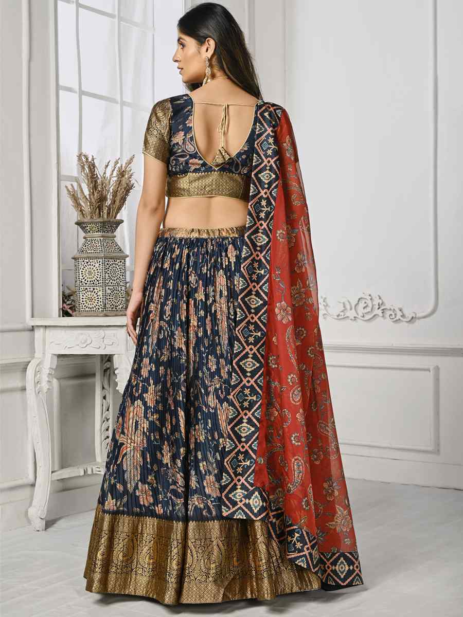 Navy Blue Pure Silk Printed Mehendi Festival Circular Lehenga Choli