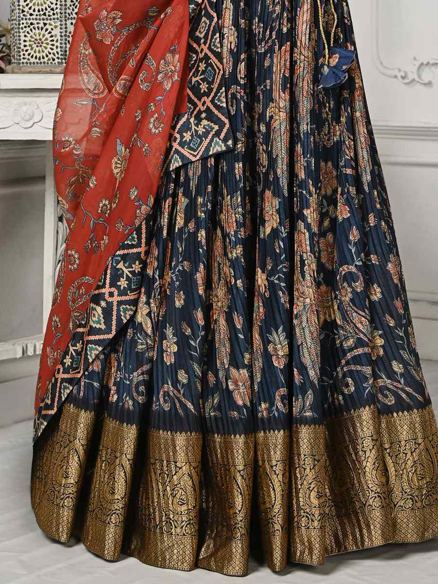 Navy Blue Pure Silk Printed Mehendi Festival Circular Lehenga Choli