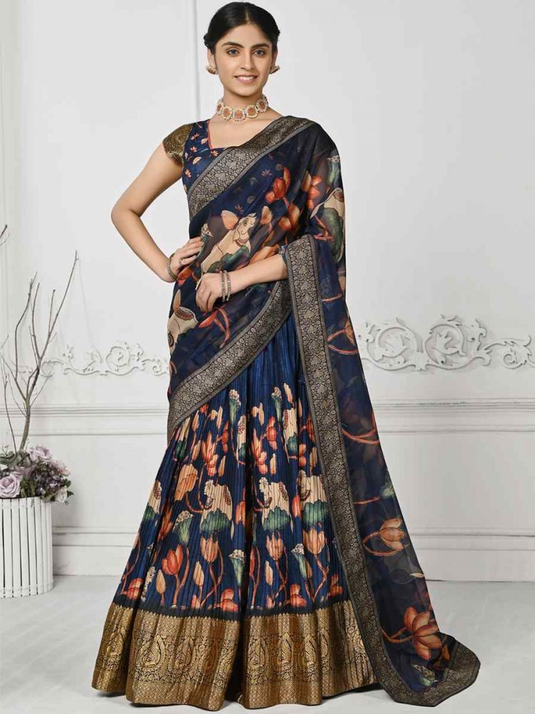 Navy Blue Pure Silk Printed Mehendi Festival Circular Lehenga Choli