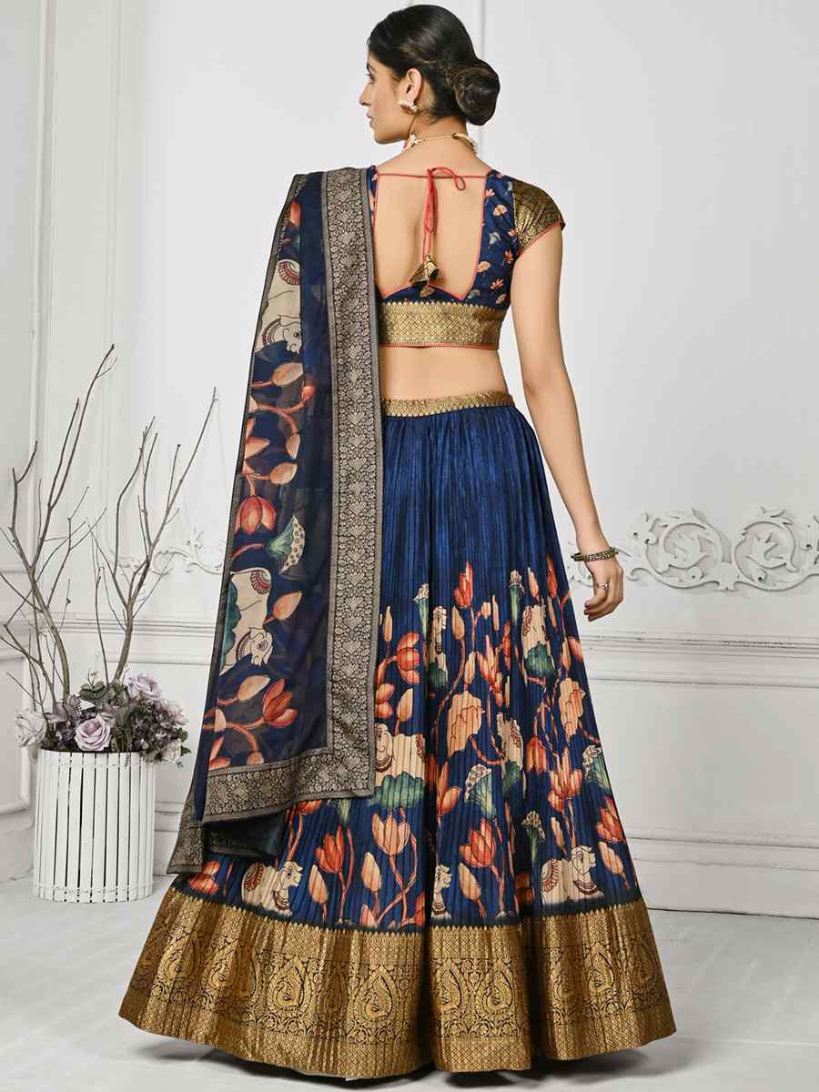 Navy Blue Pure Silk Printed Mehendi Festival Circular Lehenga Choli