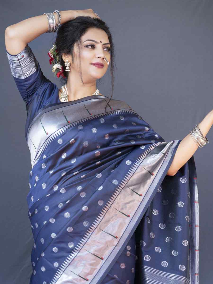 Navy Blue Pure Soft Paithani Silk Handwoven Wedding Festival Heavy Border Saree