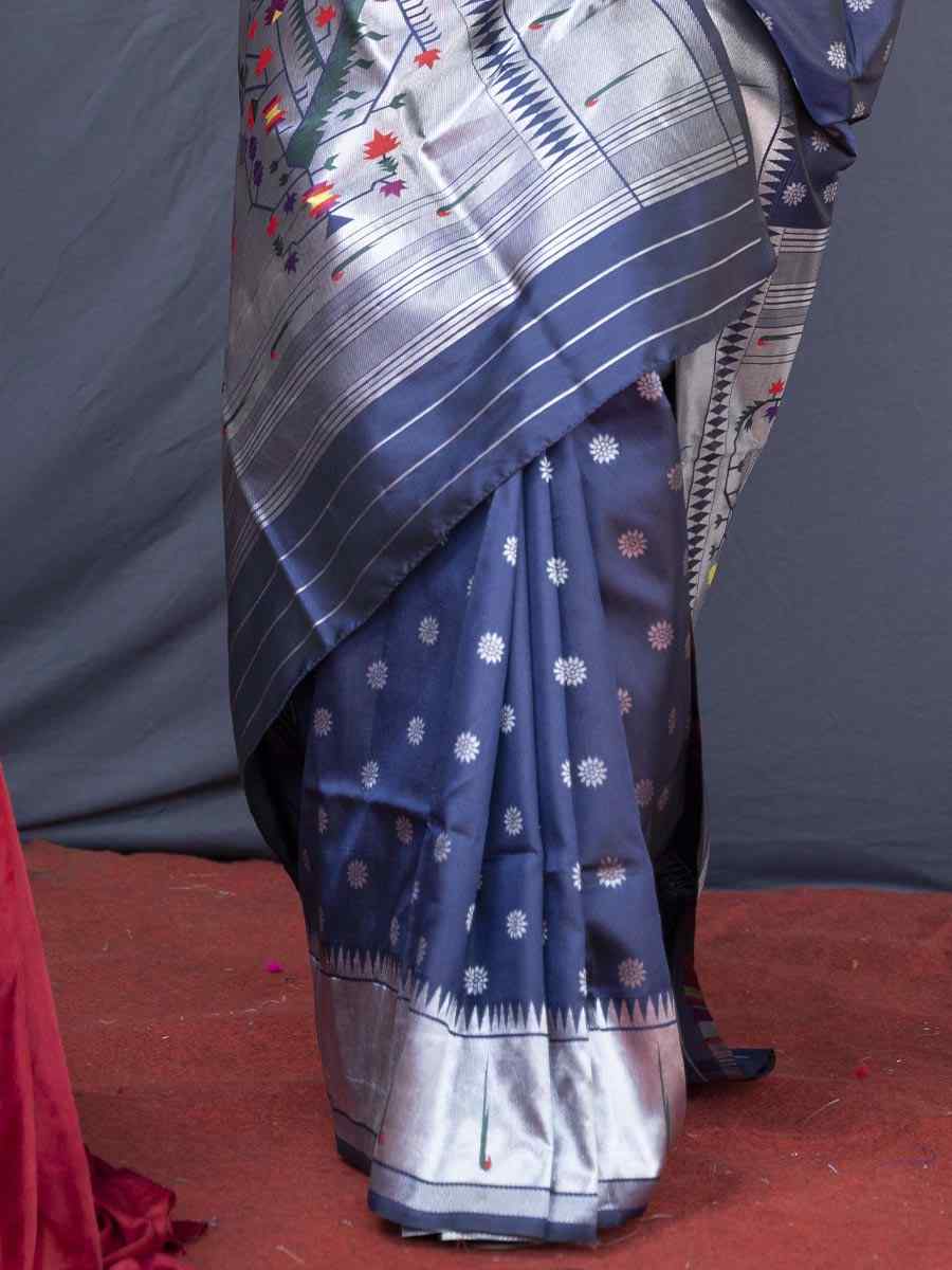 Navy Blue Pure Soft Paithani Silk Handwoven Wedding Festival Heavy Border Saree