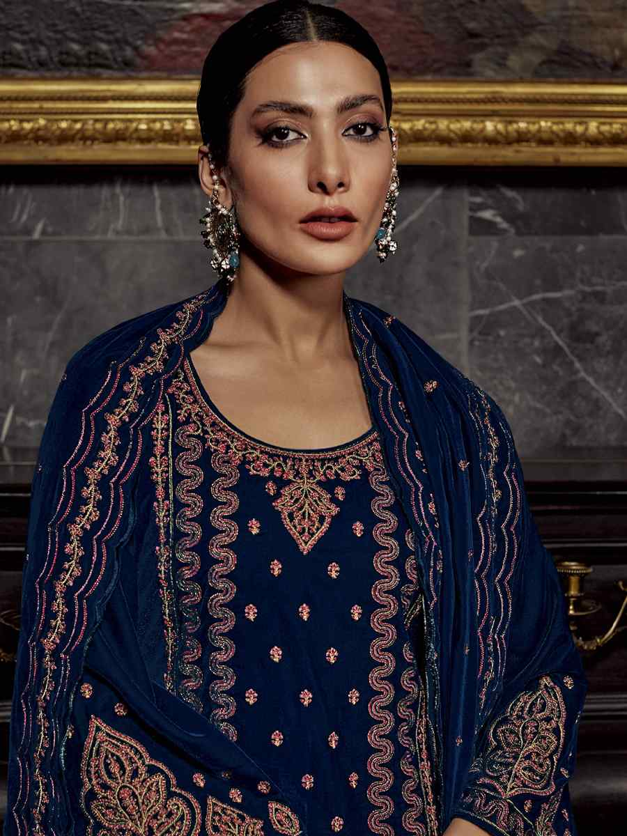 Navy Blue Pure Viscos Velvet Embroidered Festival Wedding Pant Salwar Kameez