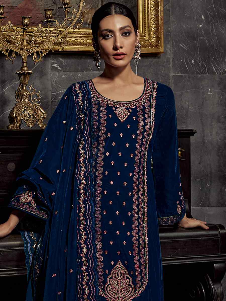 Navy Blue Pure Viscos Velvet Embroidered Festival Wedding Pant Salwar Kameez