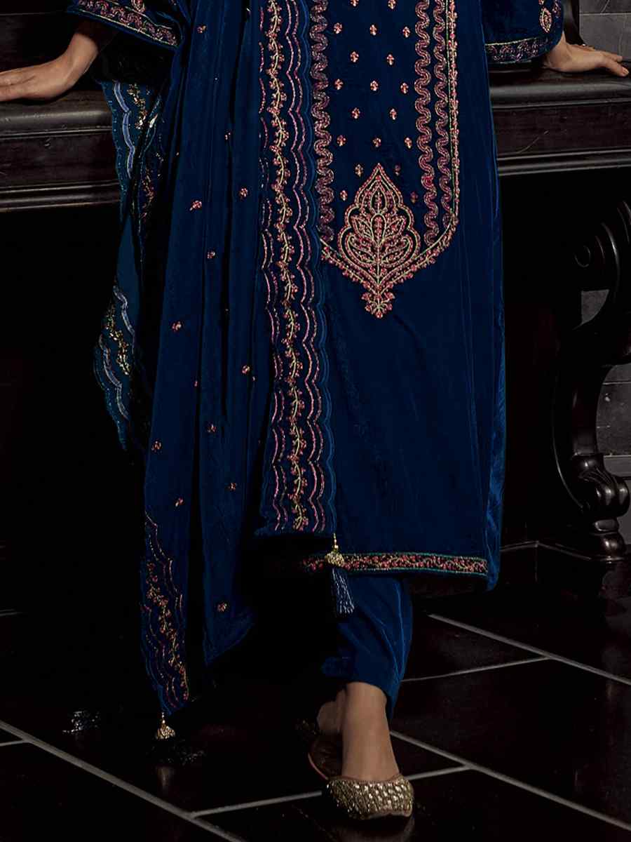 Navy Blue Pure Viscos Velvet Embroidered Festival Wedding Pant Salwar Kameez