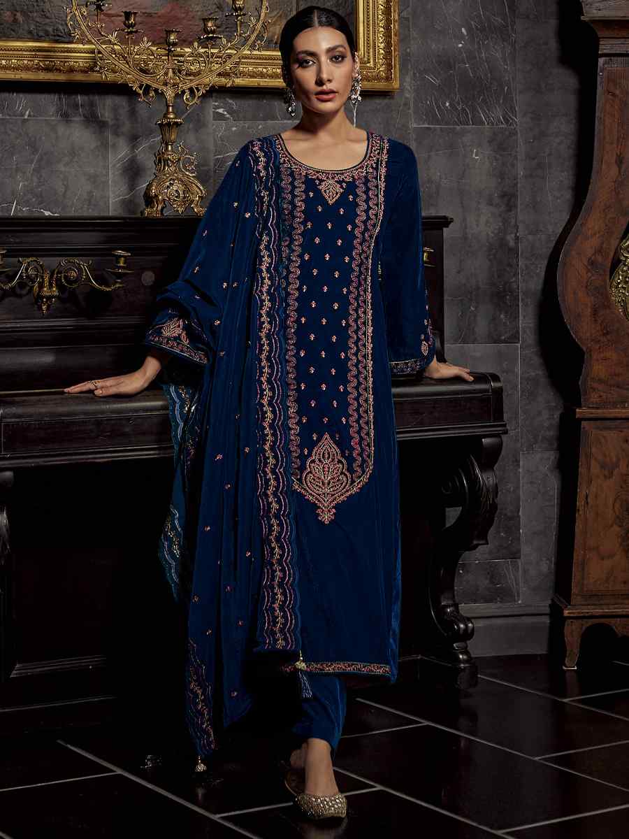Navy Blue Pure Viscos Velvet Embroidered Festival Wedding Pant Salwar Kameez