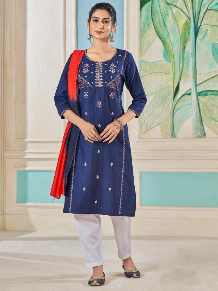 Navy Blue Pure Viscose Embroidered Festival Casual Ready Pant Salwar Kameez