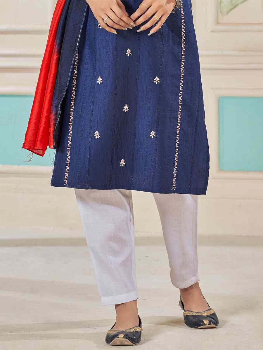 Navy Blue Pure Viscose Embroidered Festival Casual Ready Pant Salwar Kameez