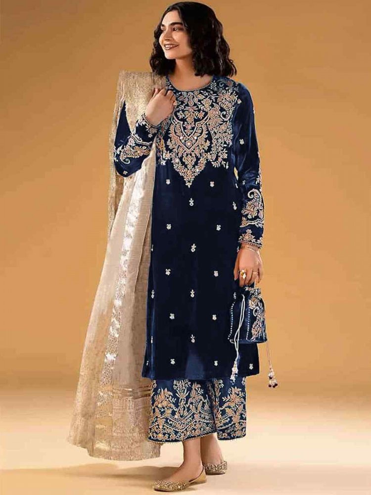 Navy Blue Pure Viscose Velvet Embroidered Festival Wedding Pant Salwar Kameez