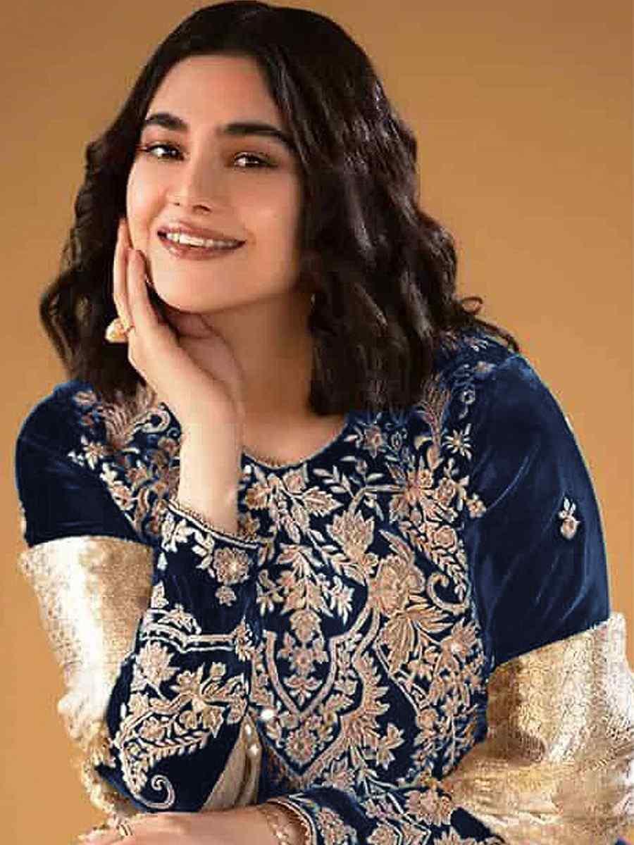 Navy Blue Pure Viscose Velvet Embroidered Festival Wedding Pant Salwar Kameez