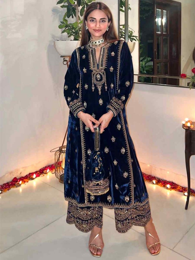 Navy Blue Pure Viscose Velvet Embroidered Mehendi Wedding Pant Salwar Kameez