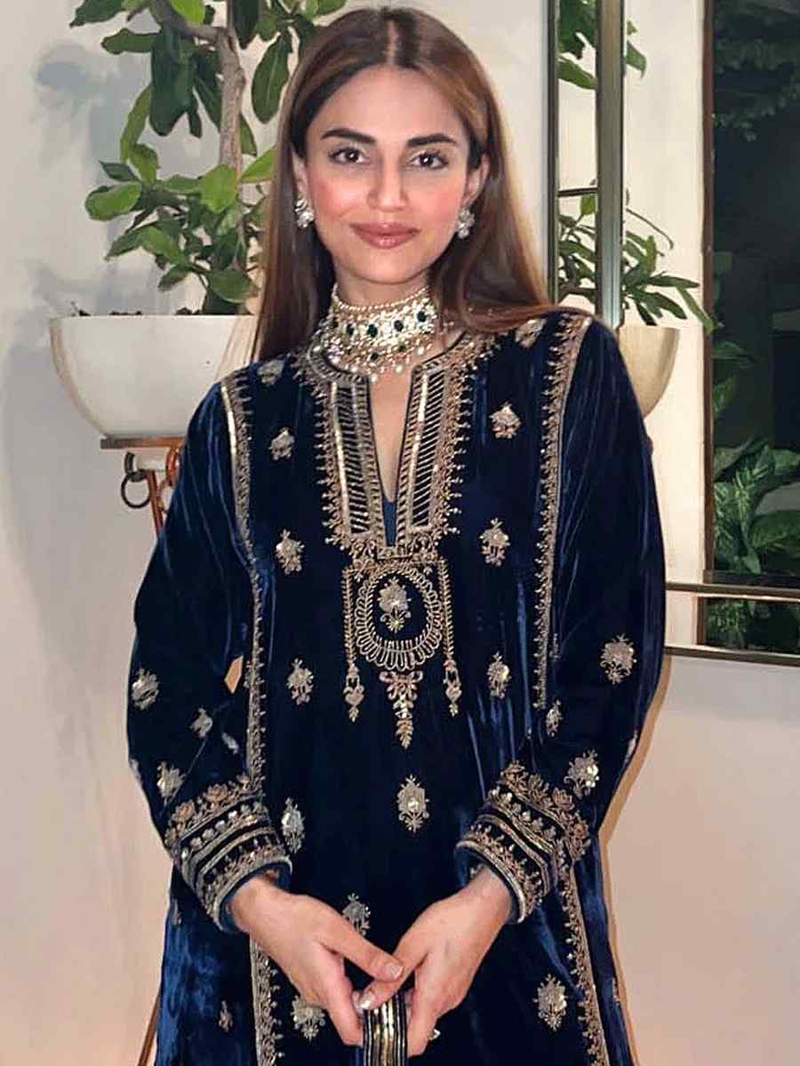 Navy Blue Pure Viscose Velvet Embroidered Mehendi Wedding Pant Salwar Kameez