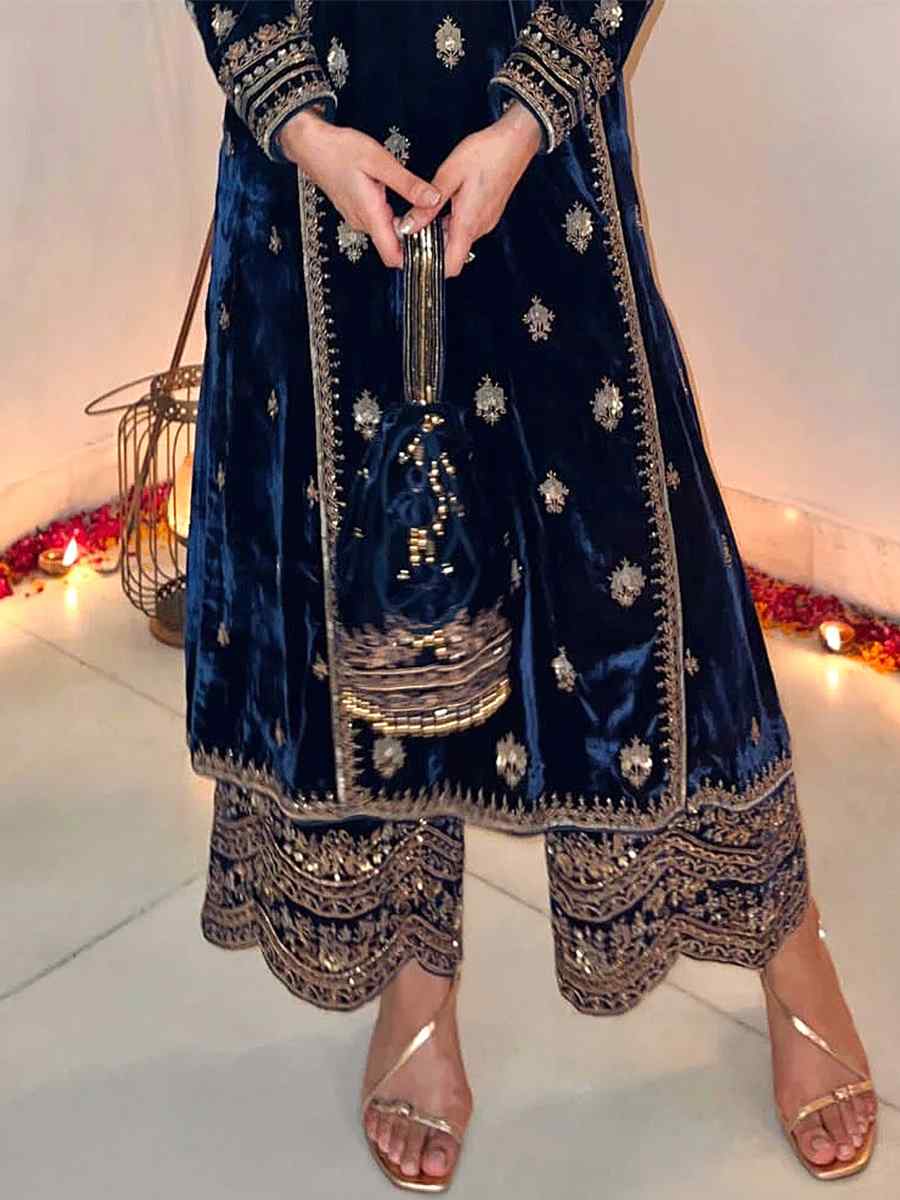 Navy Blue Pure Viscose Velvet Embroidered Mehendi Wedding Pant Salwar Kameez