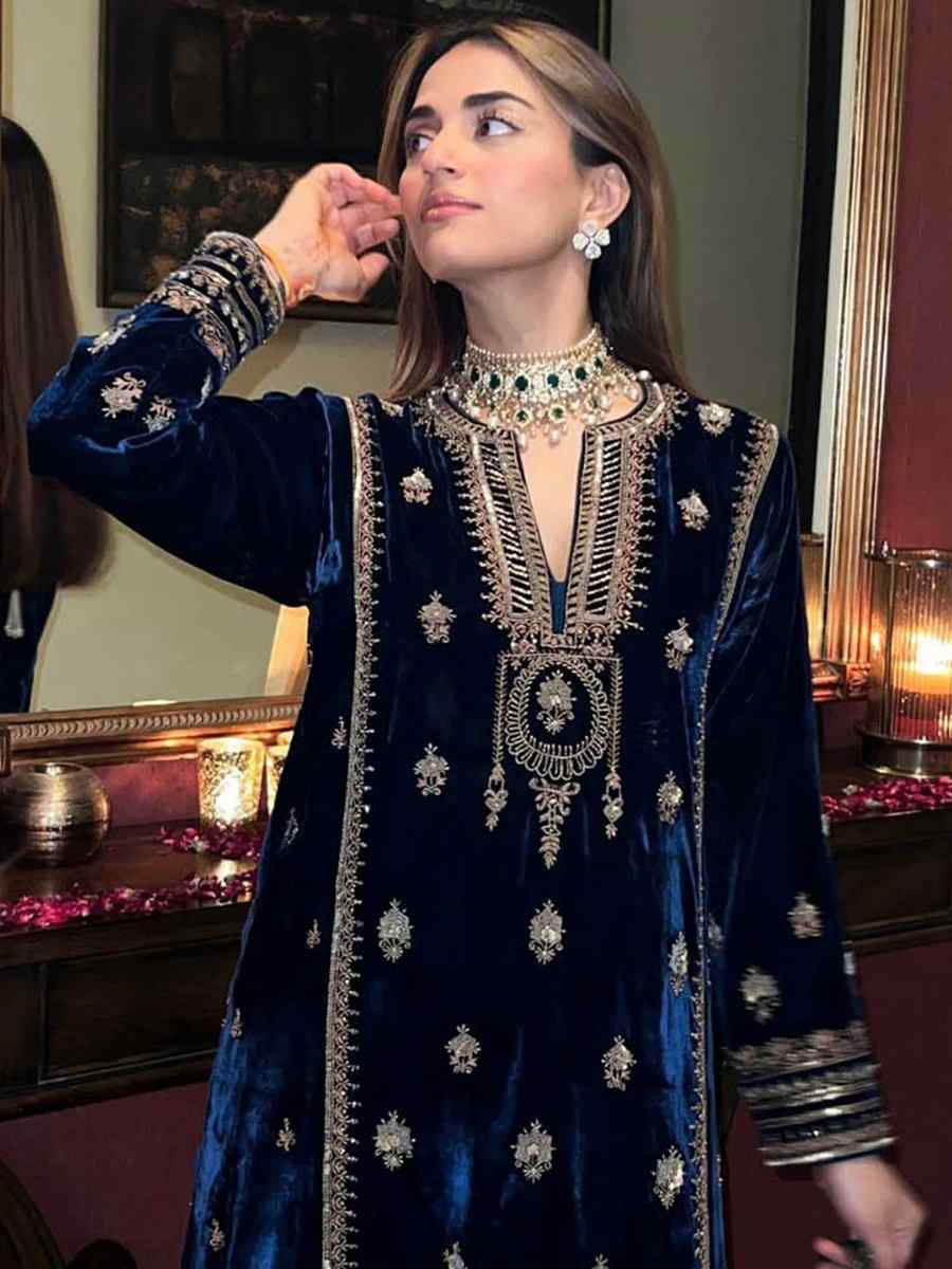 Navy Blue Pure Viscose Velvet Embroidered Mehendi Wedding Pant Salwar Kameez