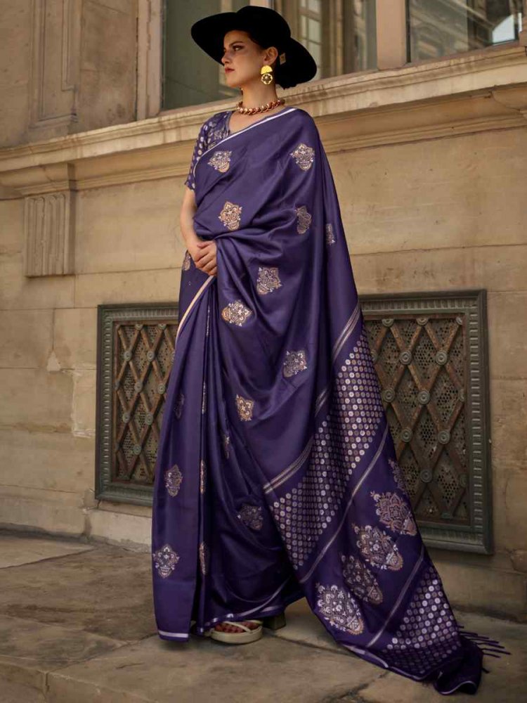 Navy Blue Purple Pure Satin Silk Handwoven Wedding Festival Classic Style Saree