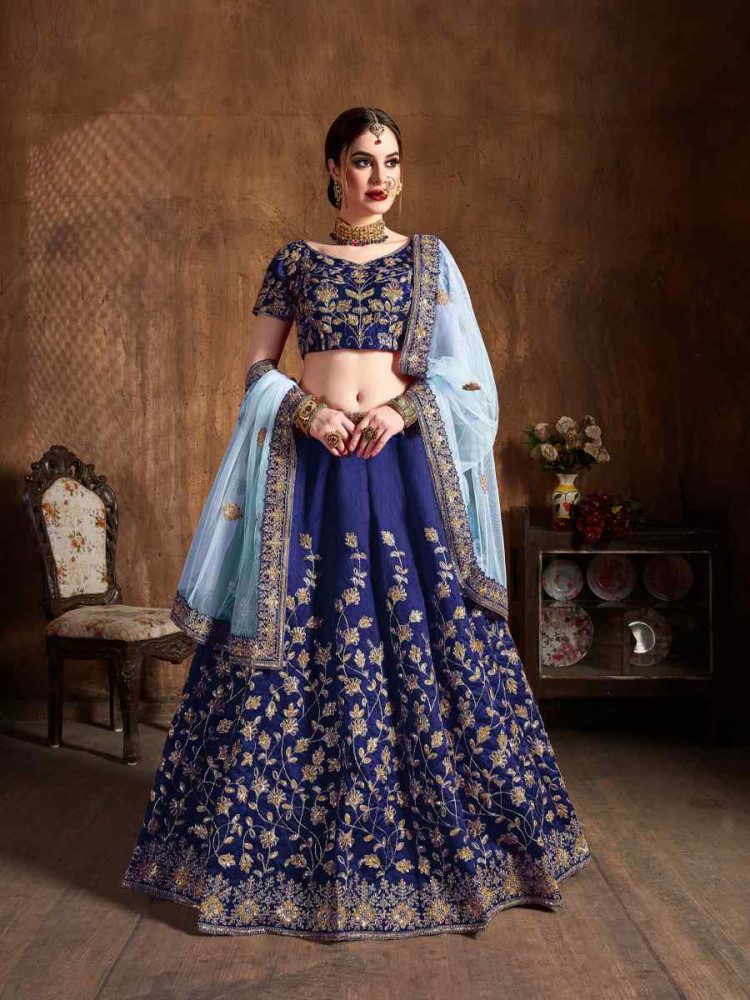 Image of Navy Blue Raw Silk Embroidered Wedding Reception Festival Heavy Border Lehenga Choli