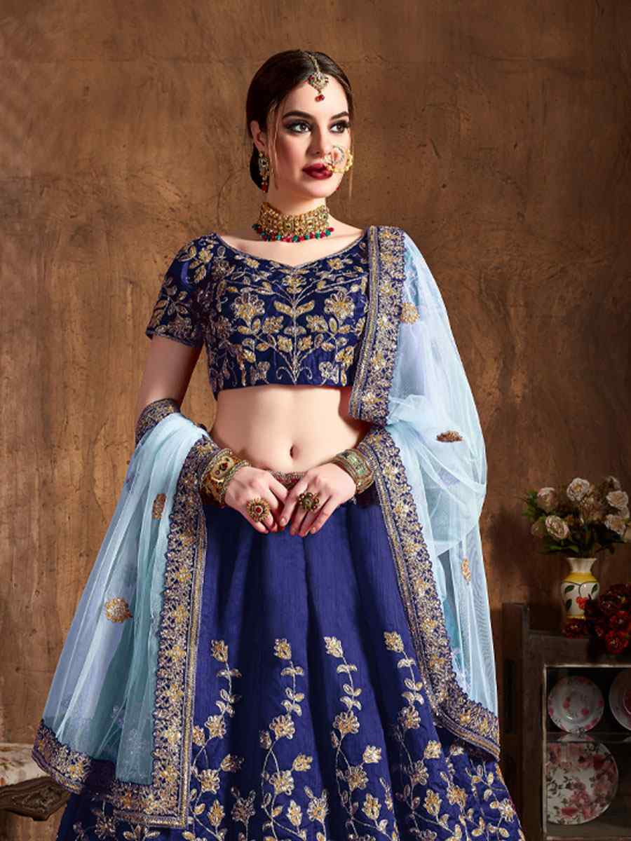 Navy Blue Raw Silk Embroidered Wedding Reception Festival Heavy Border Lehenga Choli