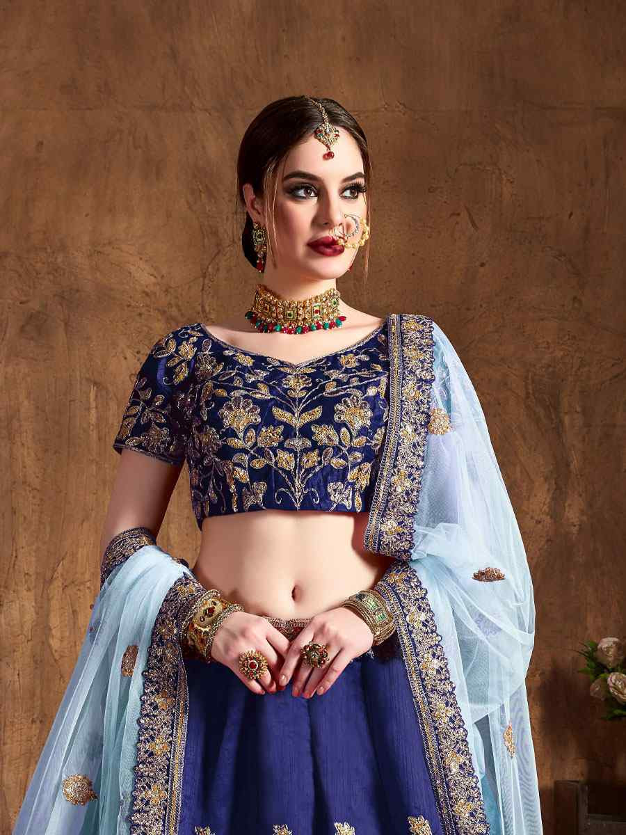 Navy Blue Raw Silk Embroidered Wedding Reception Festival Heavy Border Lehenga Choli