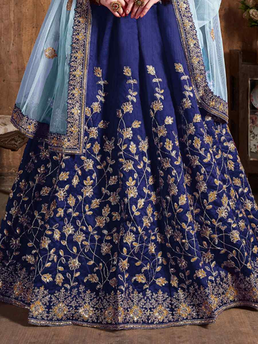 Navy Blue Raw Silk Embroidered Wedding Reception Festival Heavy Border Lehenga Choli