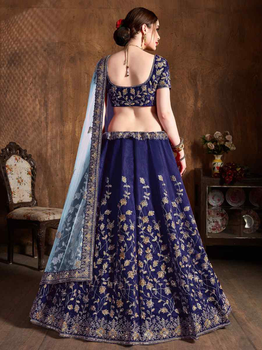 Navy Blue Raw Silk Embroidered Wedding Reception Festival Heavy Border Lehenga Choli