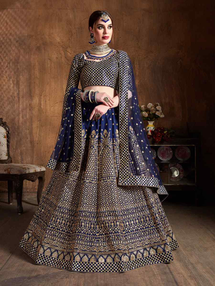 Navy Blue Raw Silk Embroidered Wedding Reception Festival Heavy Border Lehenga Choli