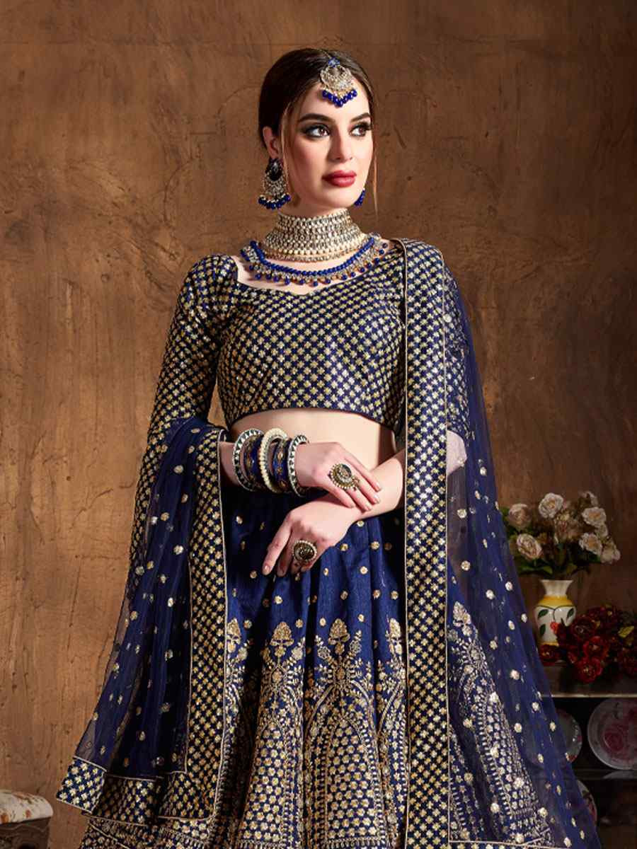 Navy Blue Raw Silk Embroidered Wedding Reception Festival Heavy Border Lehenga Choli