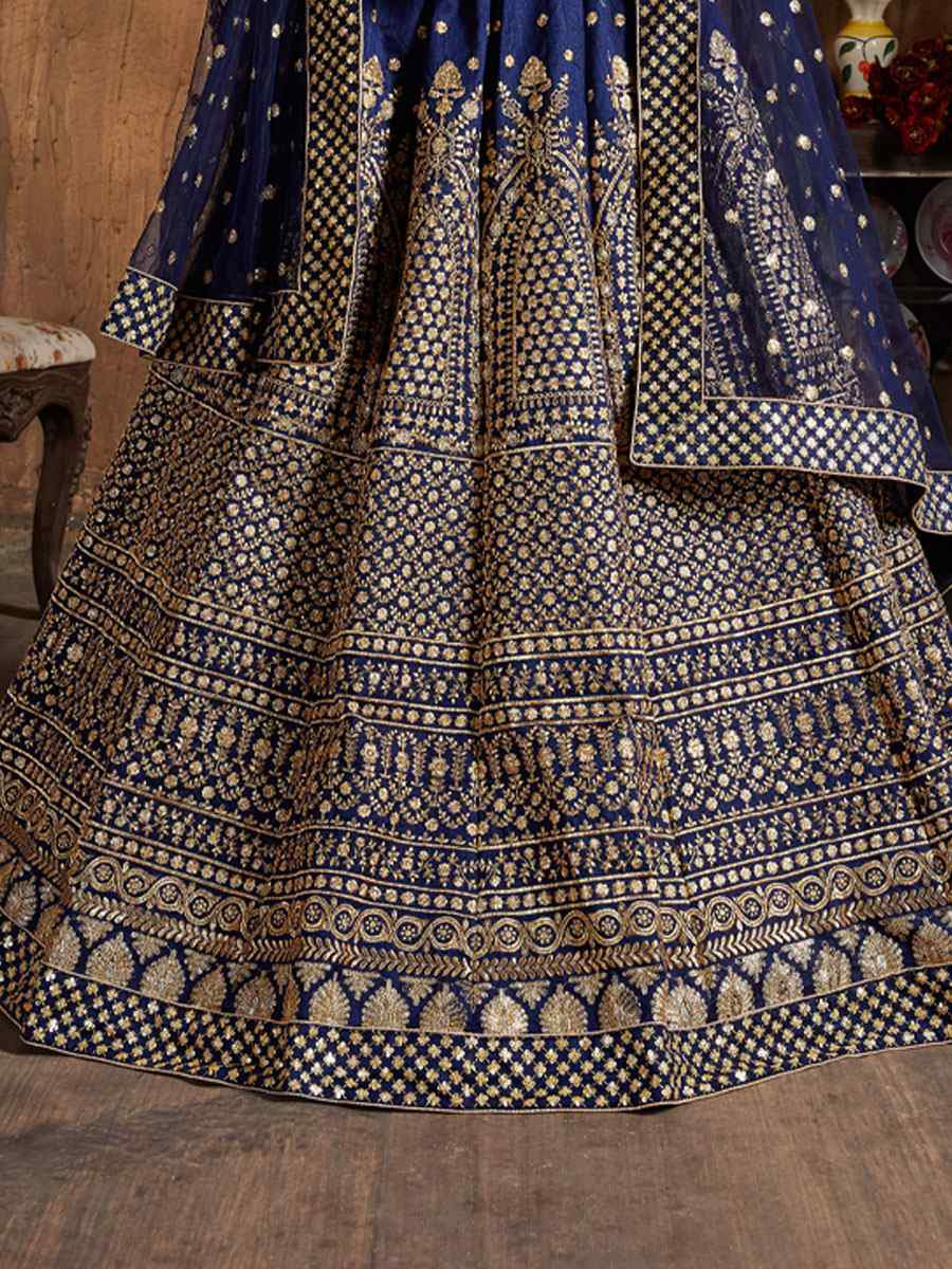 Navy Blue Raw Silk Embroidered Wedding Reception Festival Heavy Border Lehenga Choli