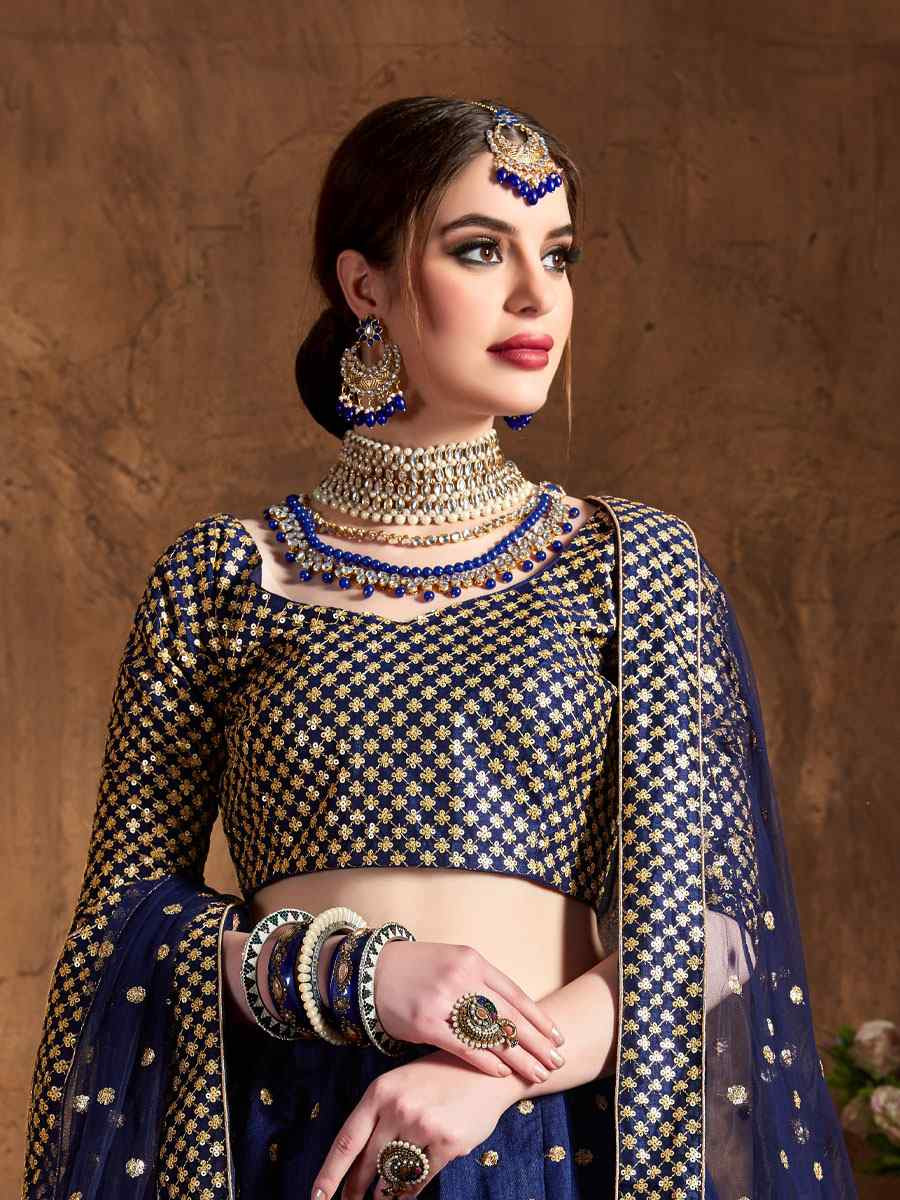 Navy Blue Raw Silk Embroidered Wedding Reception Festival Heavy Border Lehenga Choli