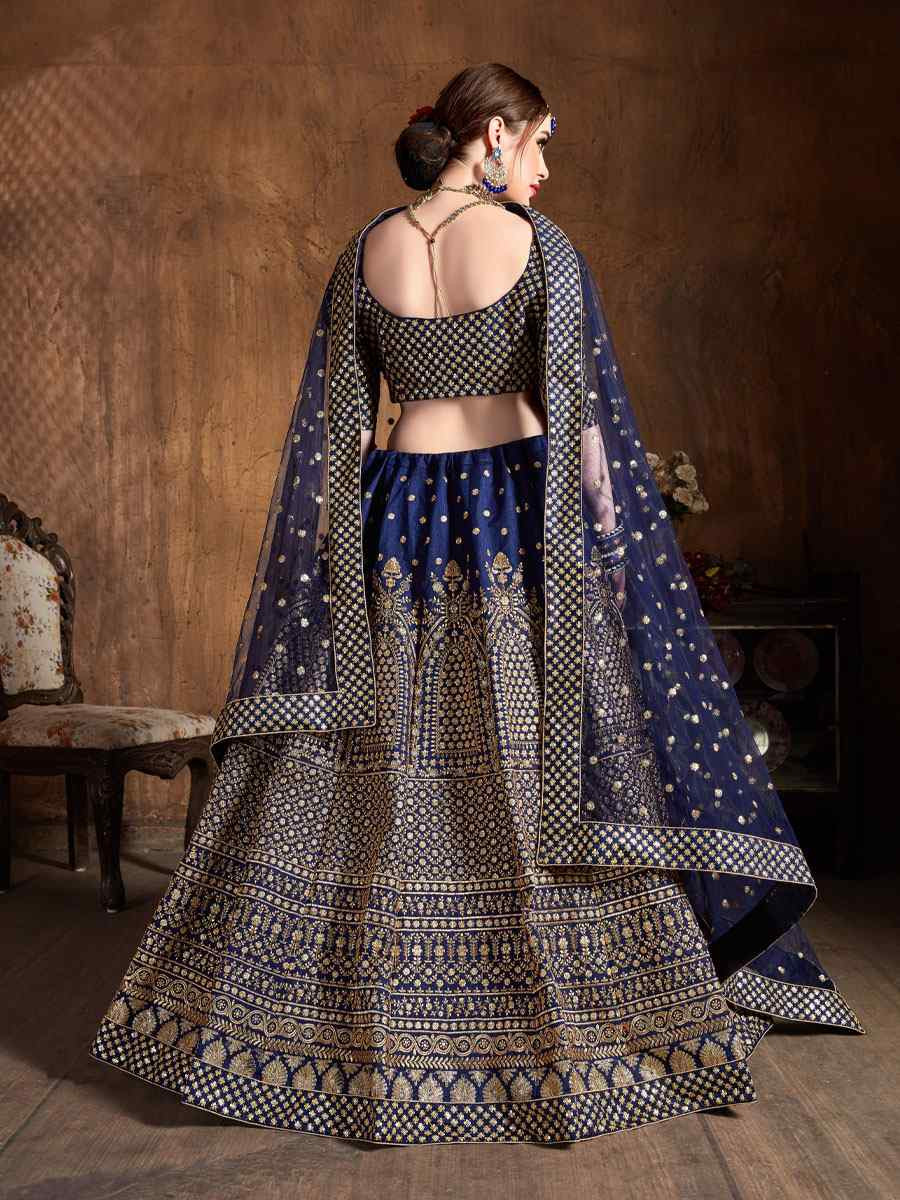 Navy Blue Raw Silk Embroidered Wedding Reception Festival Heavy Border Lehenga Choli