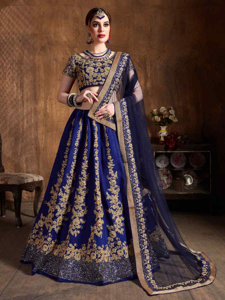 Image of Navy Blue Raw Silk Embroidered Wedding Reception Festival Heavy Border Lehenga Choli