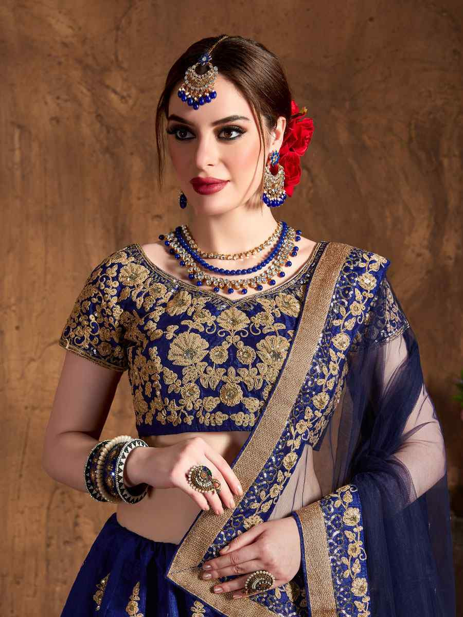 Navy Blue Raw Silk Embroidered Wedding Reception Festival Heavy Border Lehenga Choli