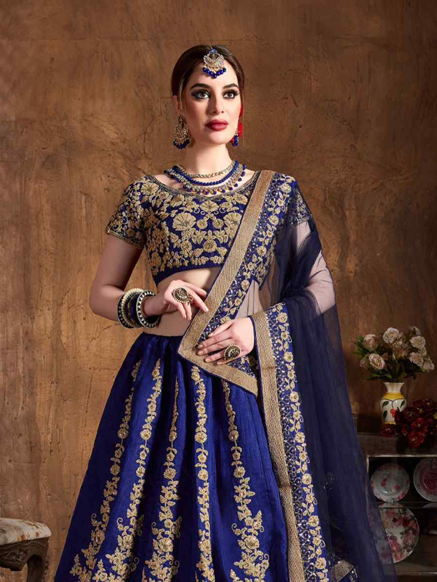 Navy Blue Raw Silk Embroidered Wedding Reception Festival Heavy Border Lehenga Choli