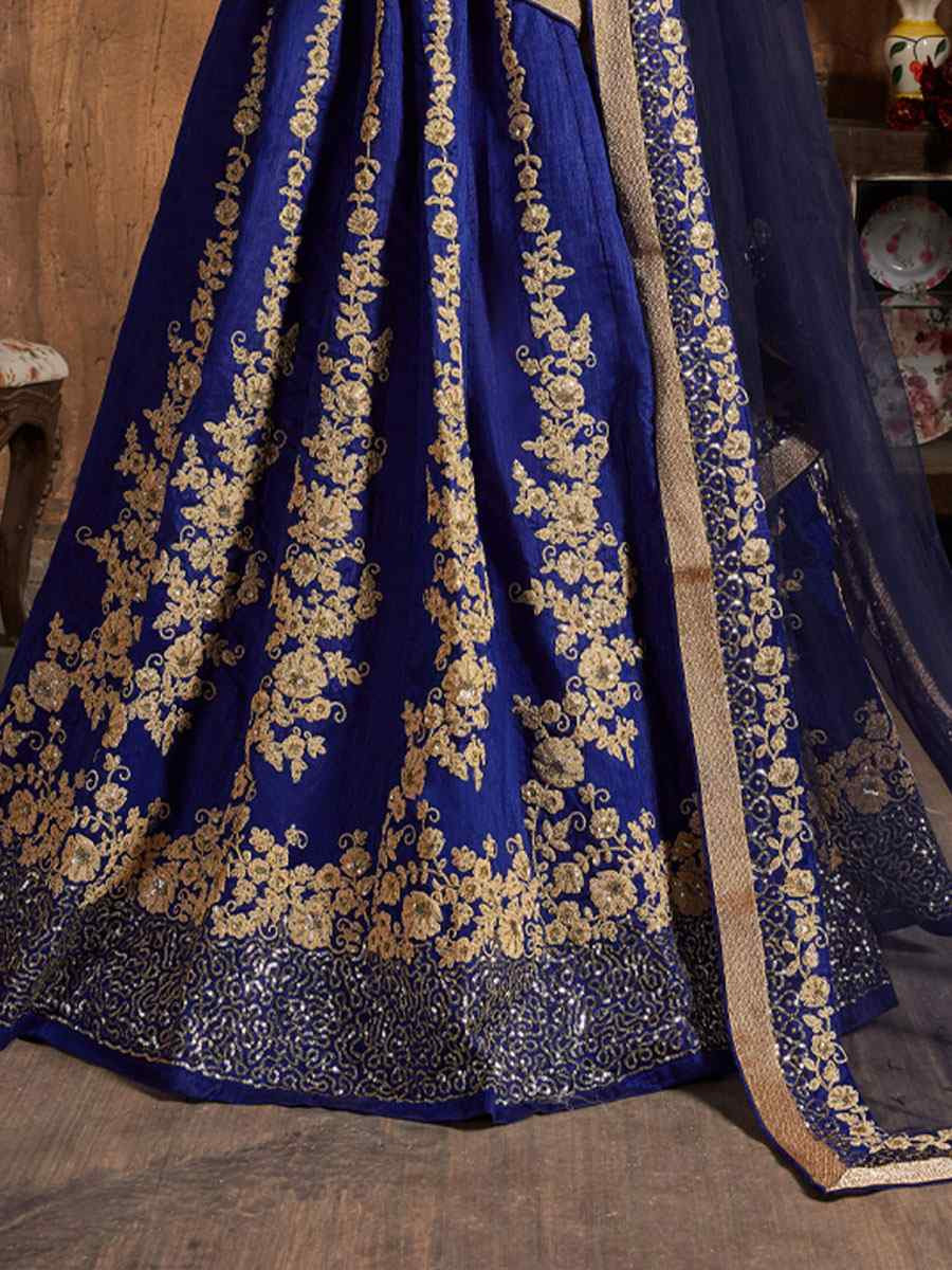 Navy Blue Raw Silk Embroidered Wedding Reception Festival Heavy Border Lehenga Choli