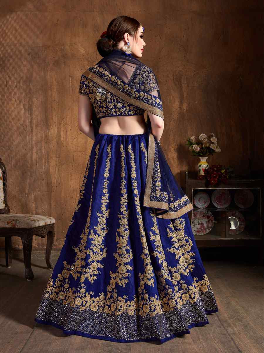 Navy Blue Raw Silk Embroidered Wedding Reception Festival Heavy Border Lehenga Choli