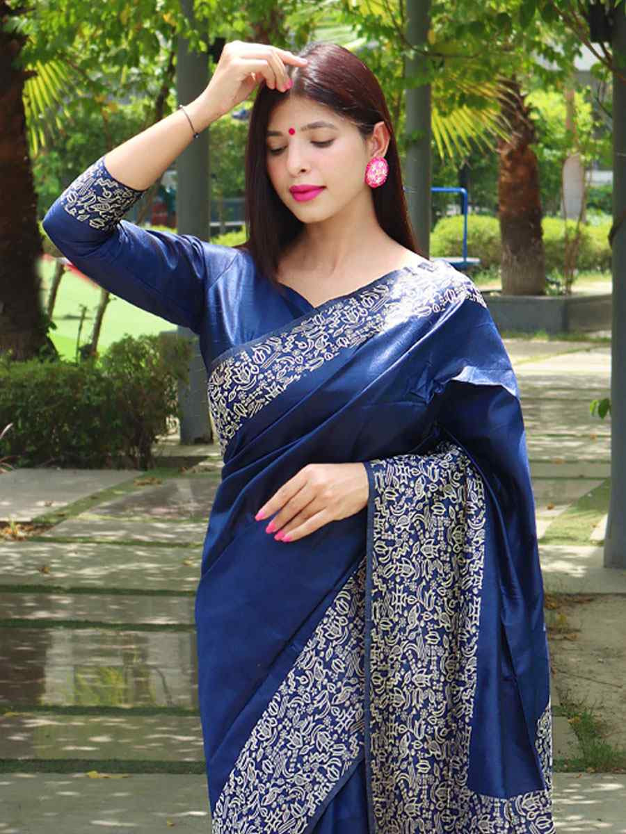 Navy Blue Raw Silk Printed Festival Wedding Fancy Heavy Border Saree