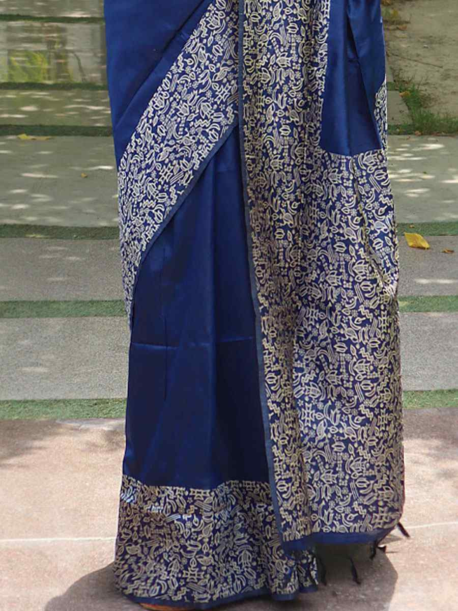 Navy Blue Raw Silk Printed Festival Wedding Fancy Heavy Border Saree