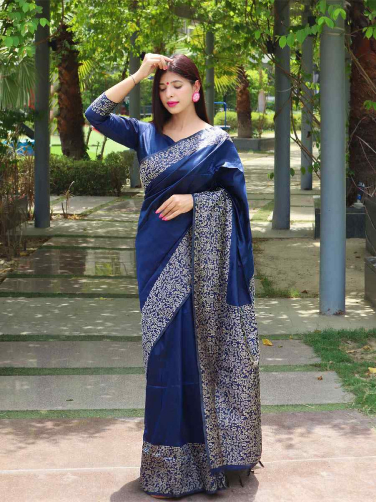 Image of Navy Blue Raw Silk Printed Festival Wedding Fancy Heavy Border Saree