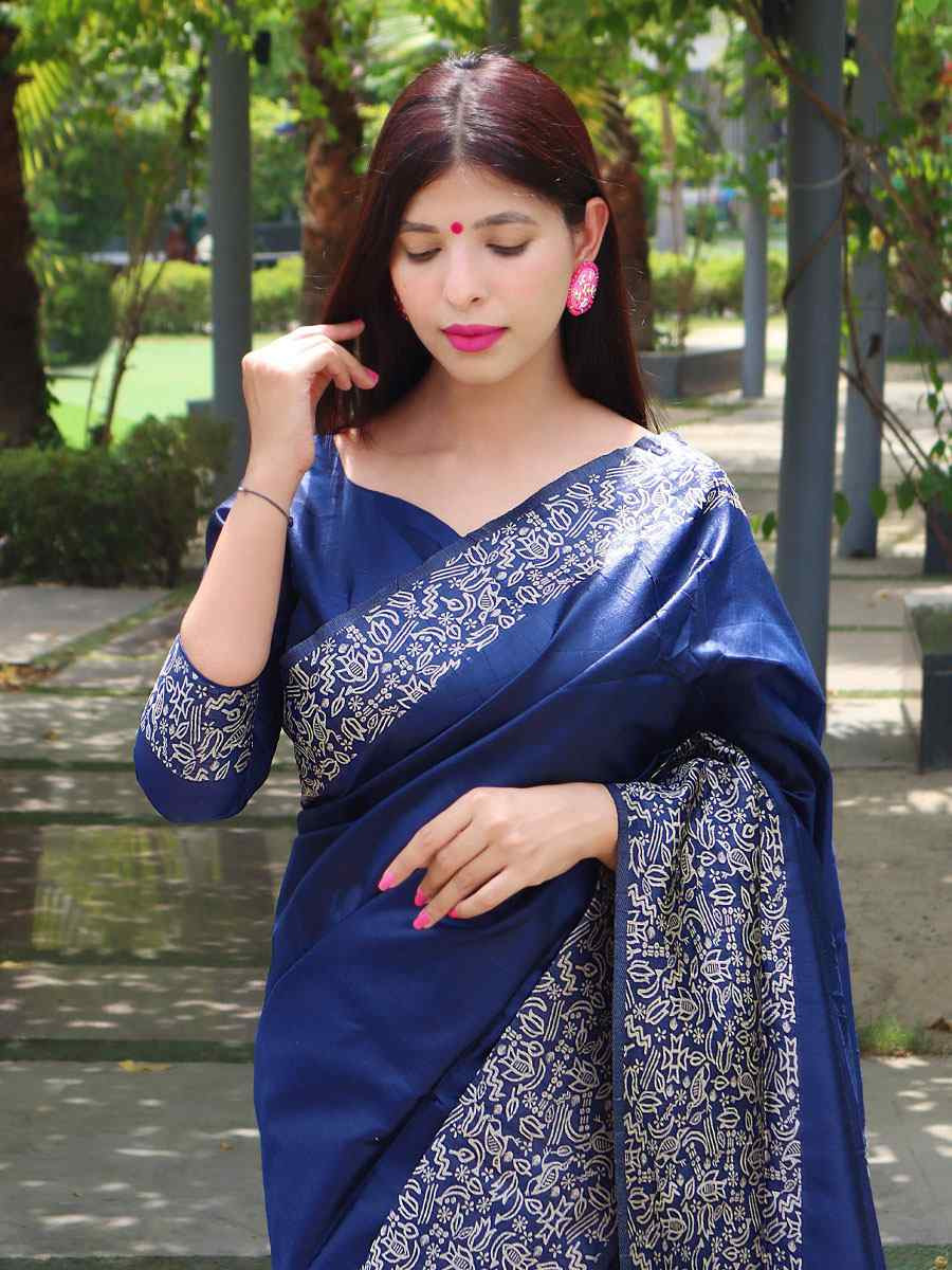 Navy Blue Raw Silk Printed Festival Wedding Fancy Heavy Border Saree