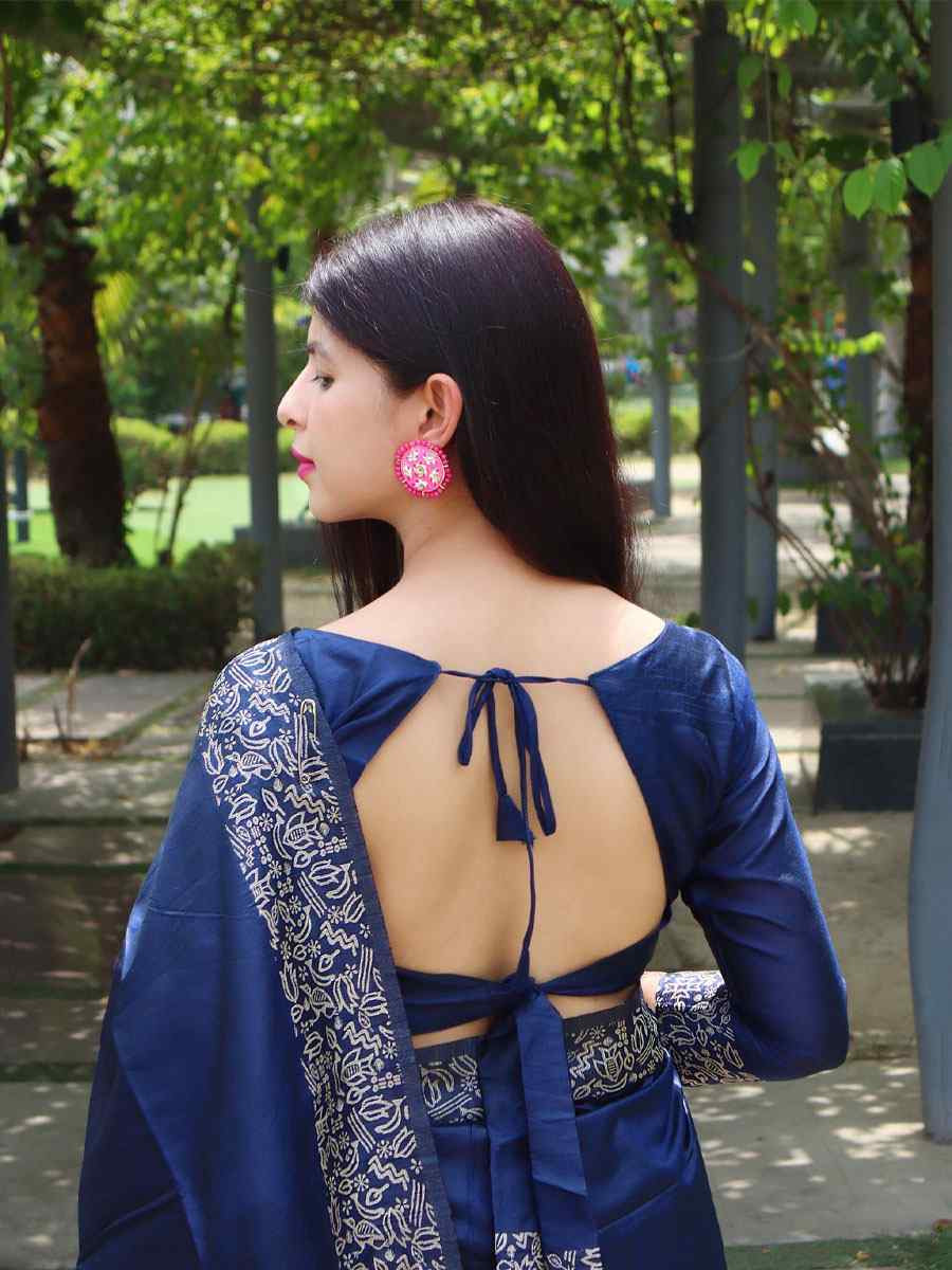 Navy Blue Raw Silk Printed Festival Wedding Fancy Heavy Border Saree