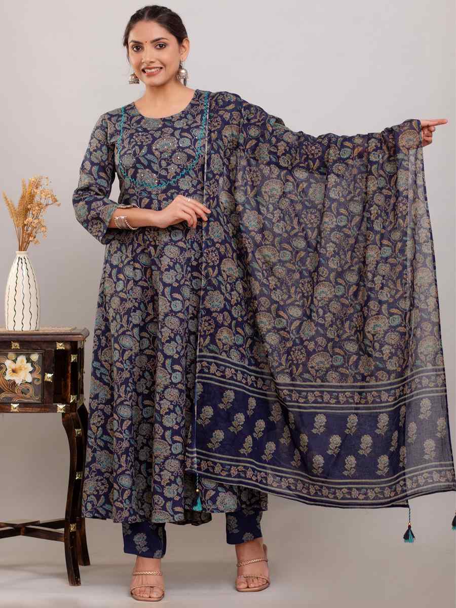 Navy Blue Rayon Cotton Printed Casual Festival Anarkali Ready Salwar Kameez