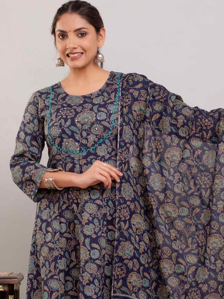 Navy Blue Rayon Cotton Printed Casual Festival Anarkali Ready Salwar Kameez