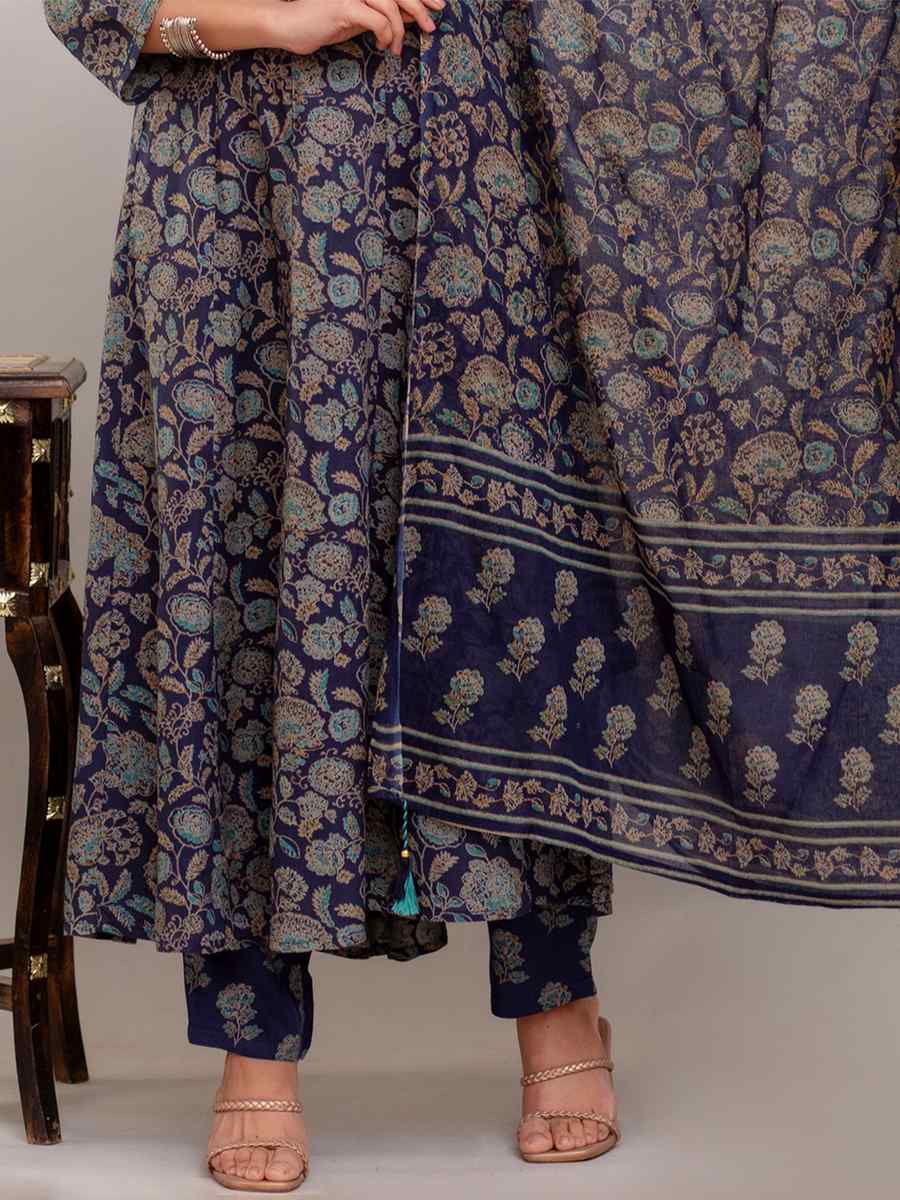 Navy Blue Rayon Cotton Printed Casual Festival Anarkali Ready Salwar Kameez