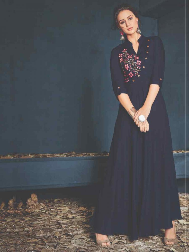 Navy Blue Rayon Embroidered Festival Casual Gown